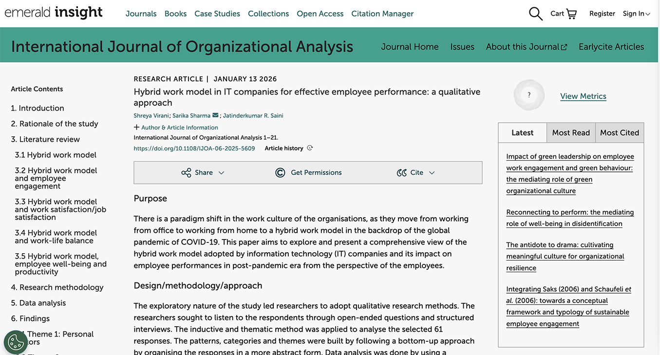 Emerald Publishing page showing Dr. Shreya Virani’s published research on the hybrid work model in the International Journal of Organizational Analysis