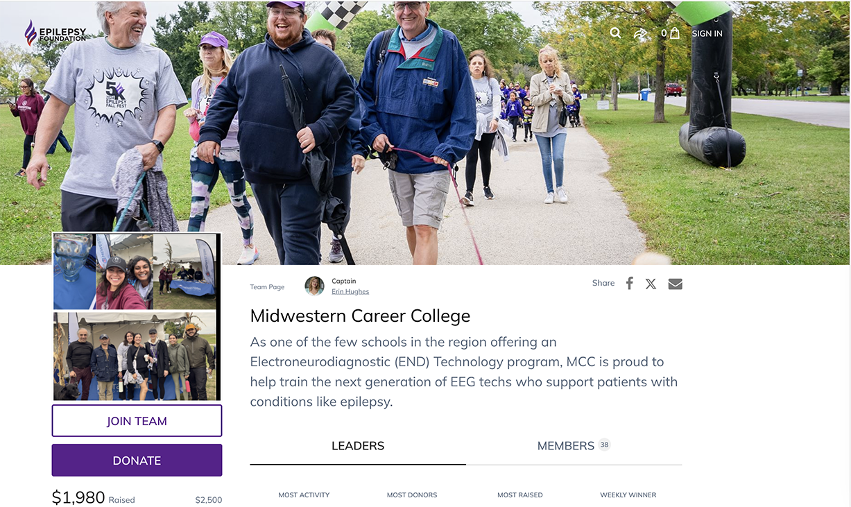 Screenshot of the Epilepsy Foundation of Greater Chicago 5K signup page with happy participants walking, inviting students, faculty, and the public to join the MCC team
