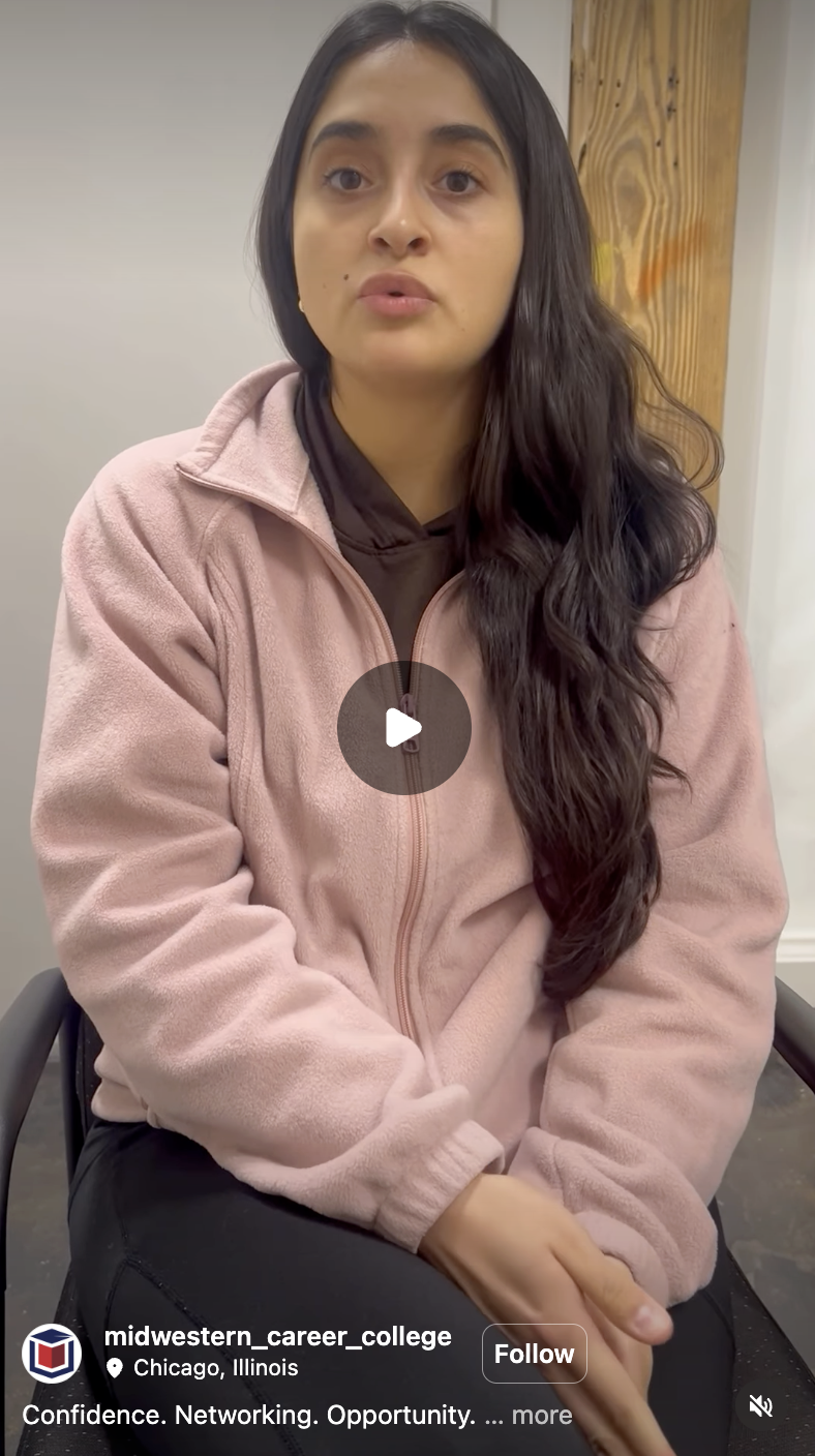 Adriana S. student testimonial shared on Instagram reel about Midwestern Career College
