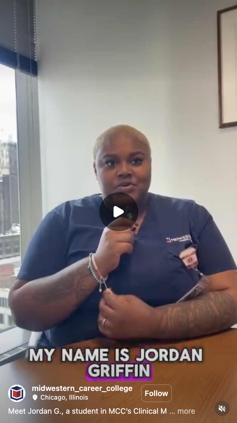 Jordan G. Clinical Medical Assisting student testimonial shared on Instagram about Midwestern Career College