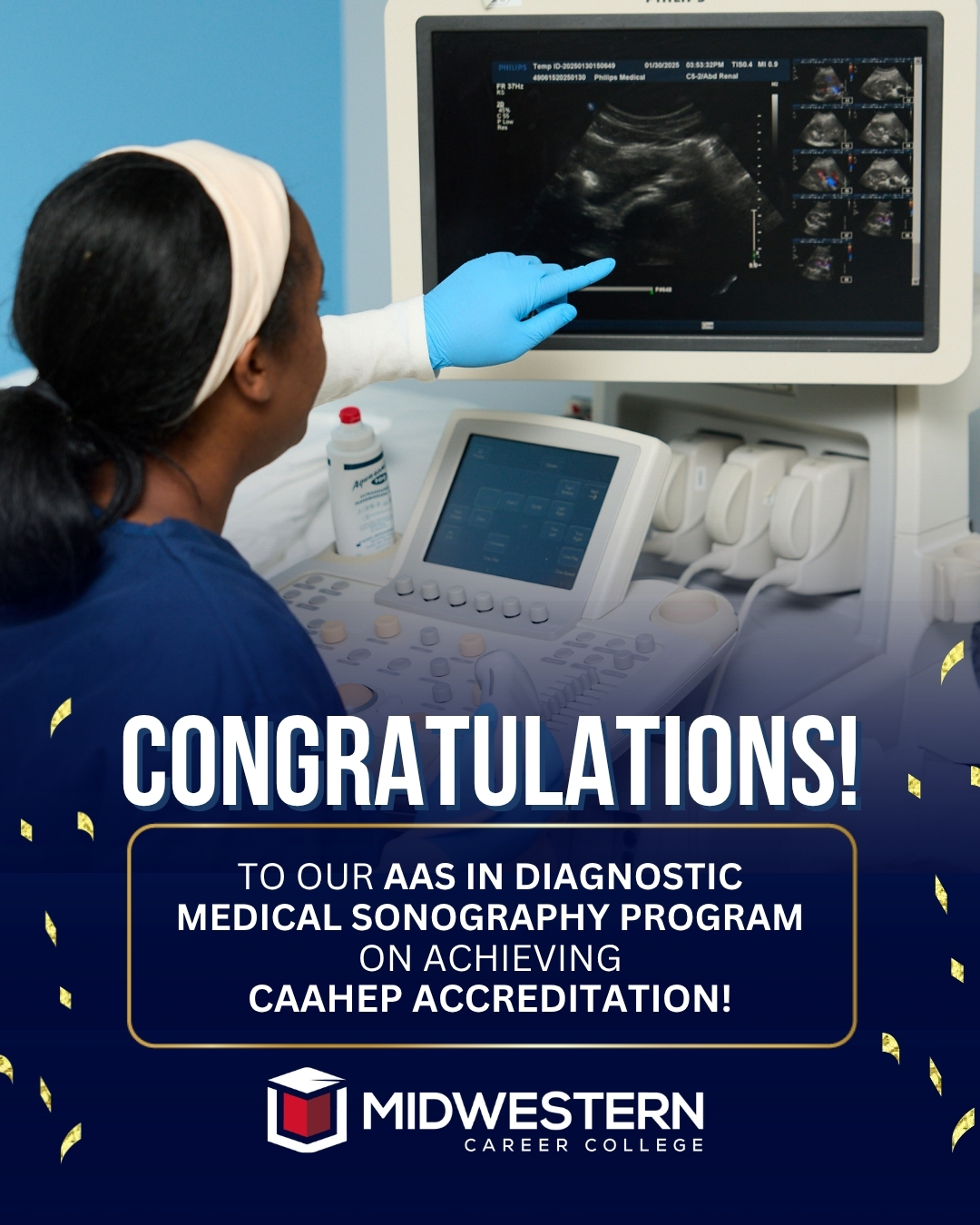 A Midwestern Career College Diagnostic Medical Sonography student performs an ultrasound scan during hands-on clinical training in the ultrasound lab.