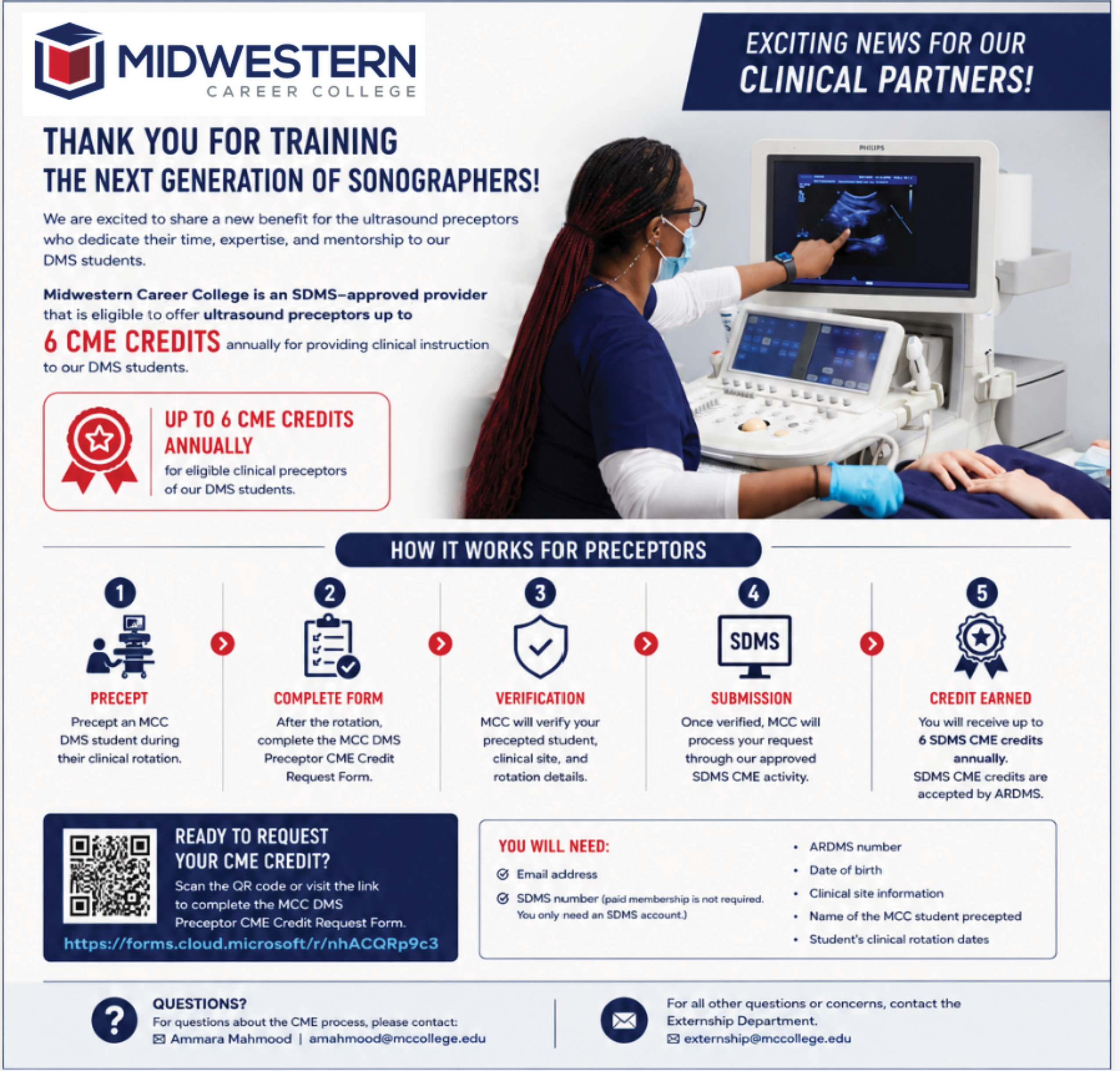 Midwestern Career College Diagnostic Medical Sonography clinical partner flyer highlighting the opportunity for eligible preceptors to earn up to 6 CME credits