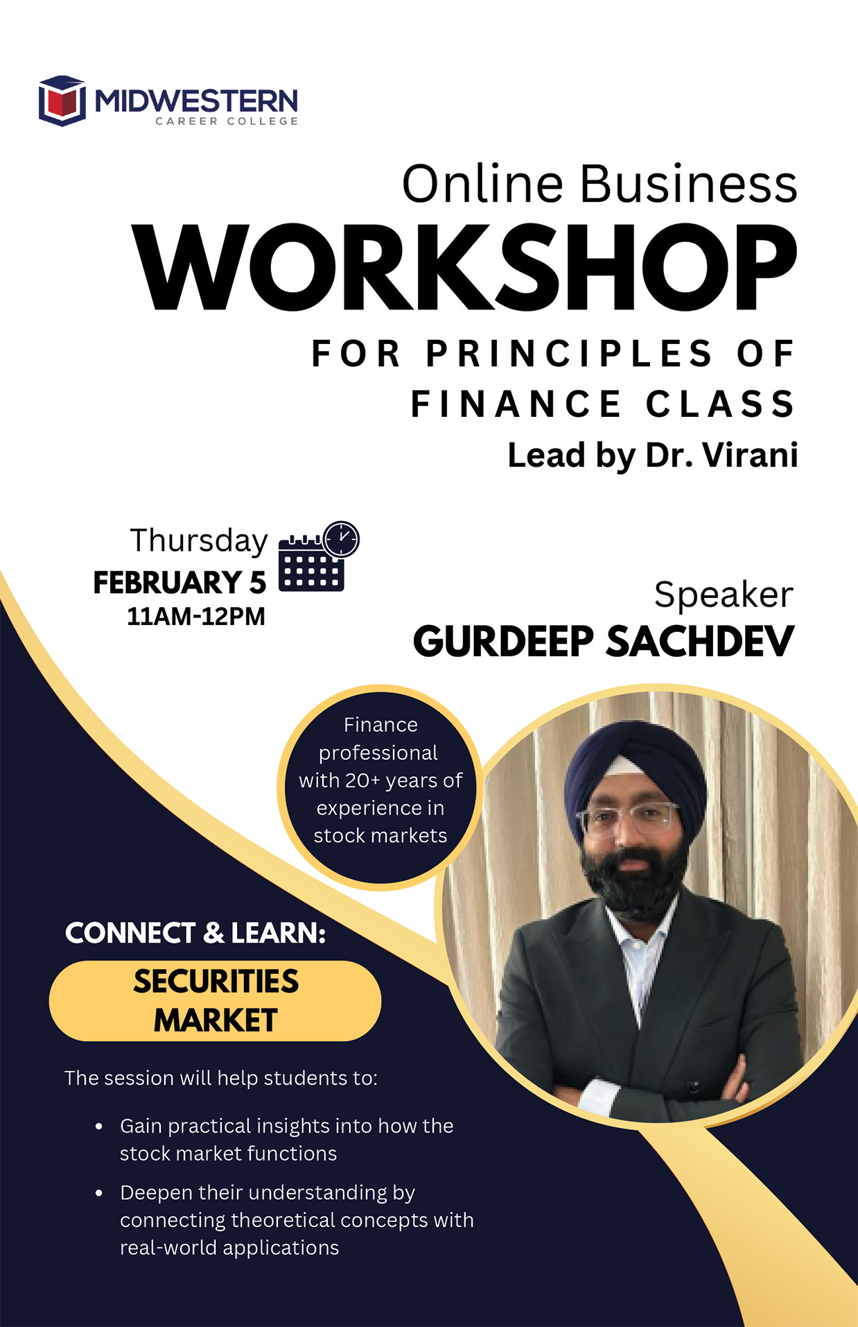 Gurdeep Sachdev, finance professional and guest speaker for MCC Principles of Finance class