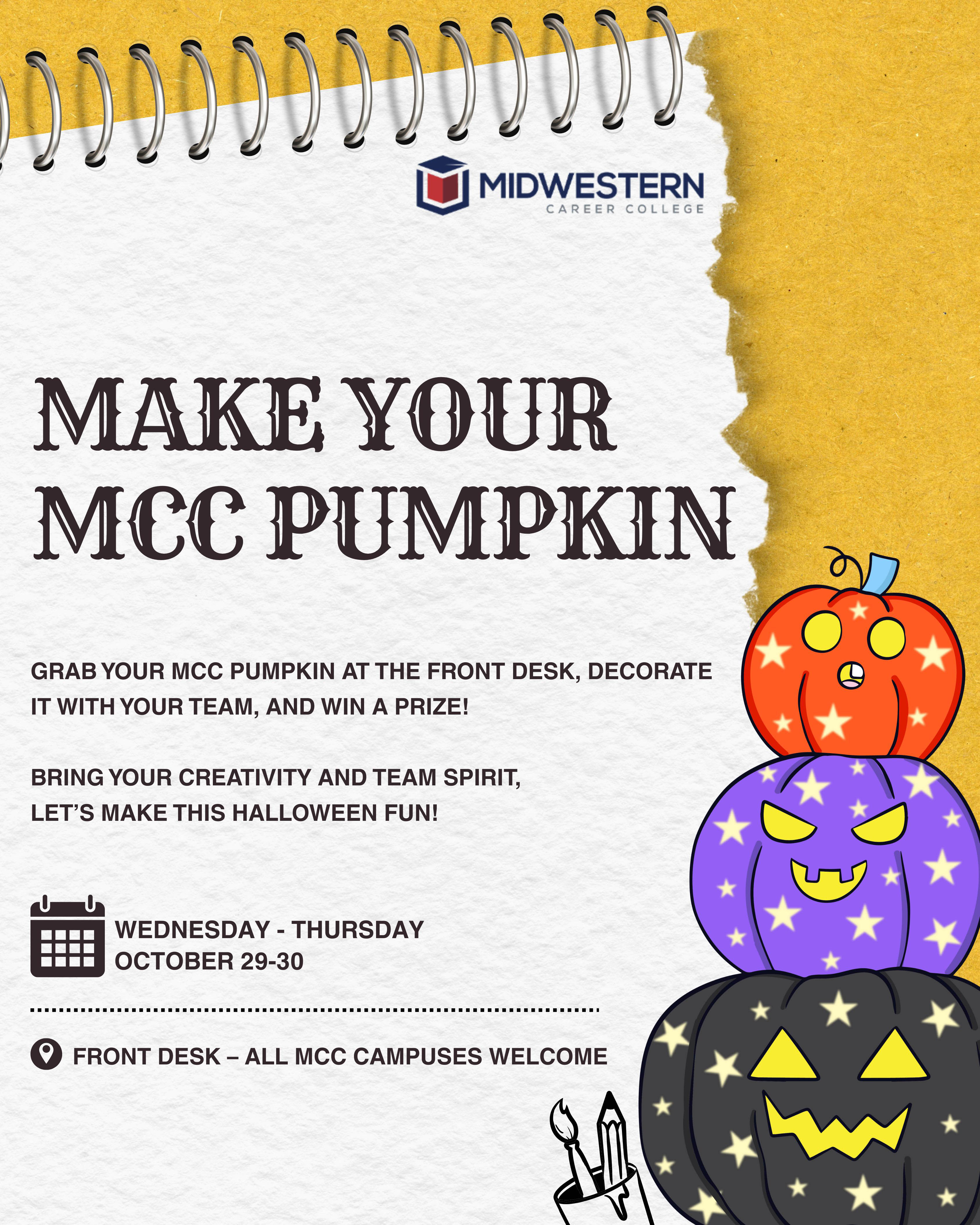 MCC Halloween Pumpkin Contest announcement with decorated pumpkins