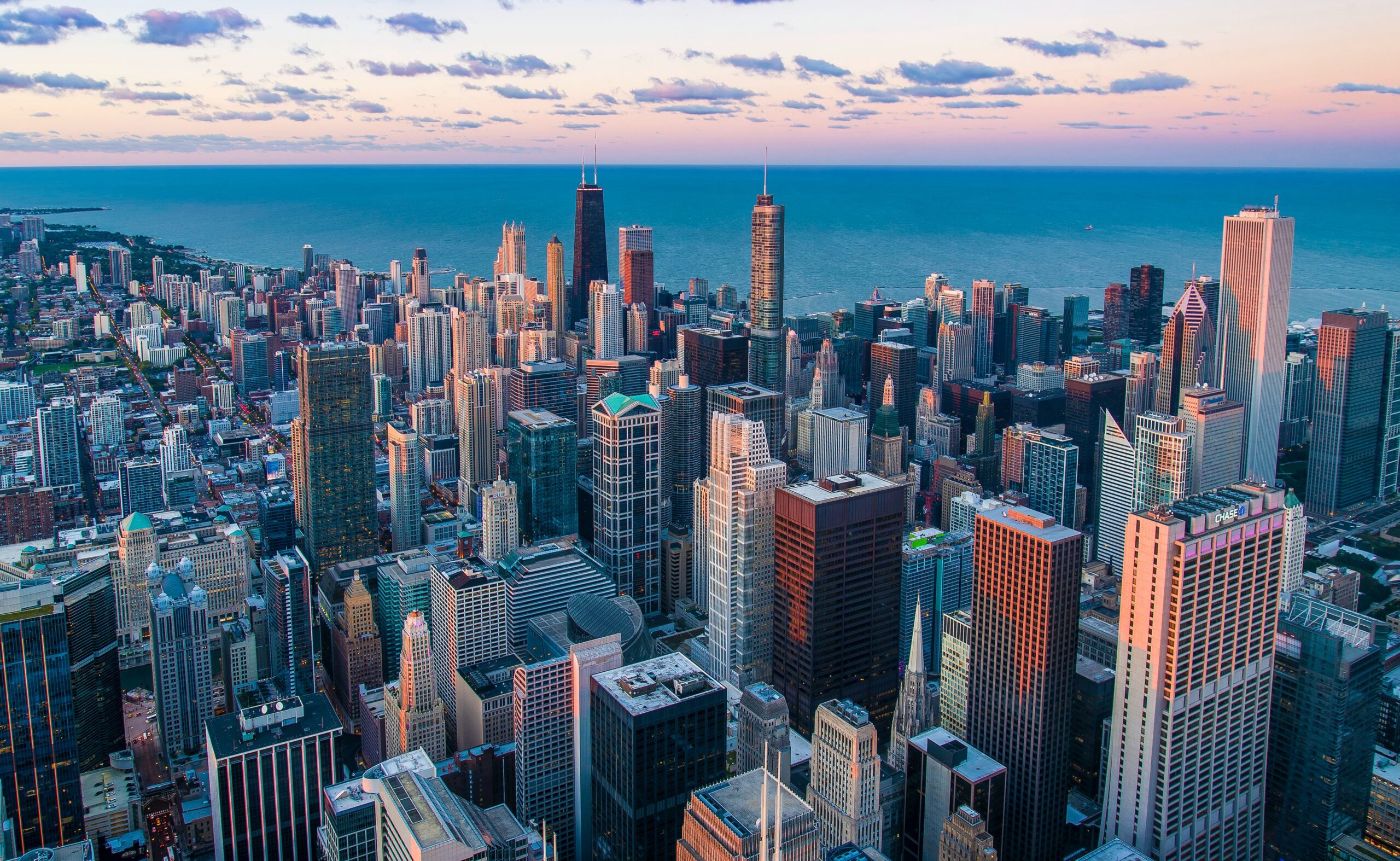 Aerial view of downtown Chicago and Lake Michigan
