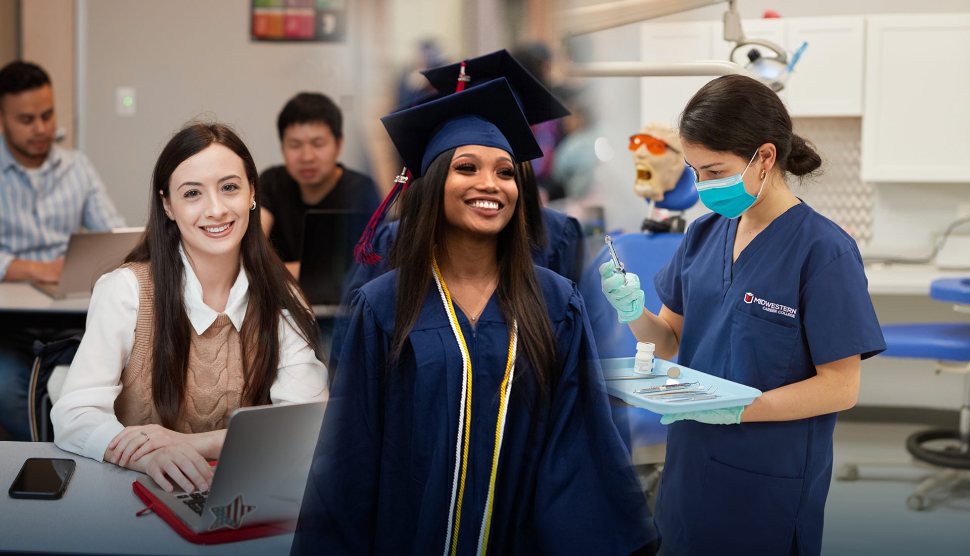 Students and healthcare professionals representing Midwestern Career College career programs in healthcare, business, information technology, and ESL